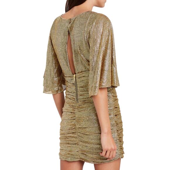Shona Joy Cleo Circle Sleeve Ruched Mini Dress Womens 8 Gold Metallic Crepe - Picture 2 of 16